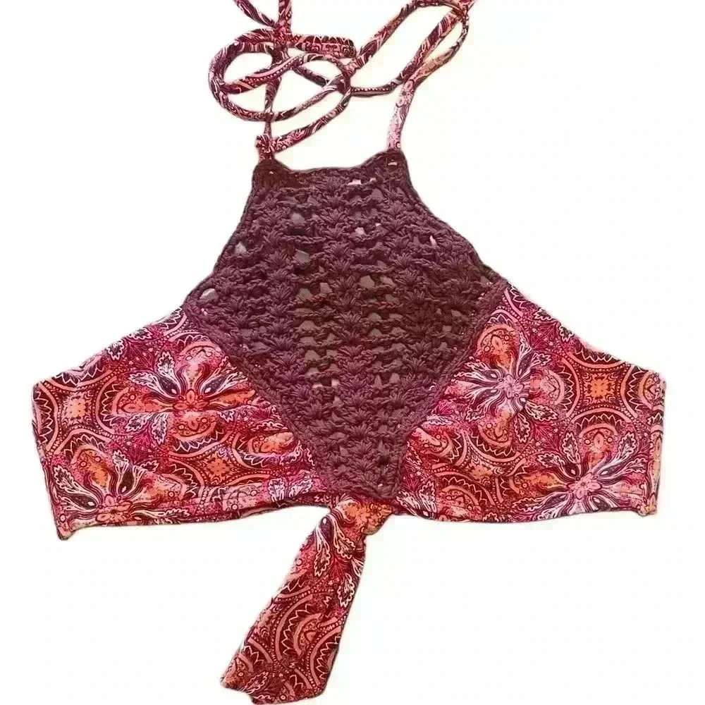 Altar’d State Crochet Halter Bikini Top Boho Paisley Tie Back Swim Size Small